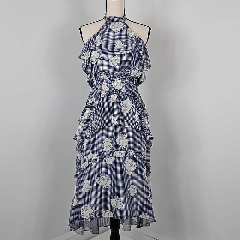 MISA LA Anca Floral Ruffle Halter Blue Tiered Midi Dress | Women's XS